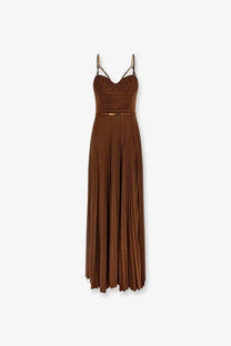 Elisabetta Franchi women’s beige brown pleated maxi dress with gold-tone straps and metallic belt for red carpet events