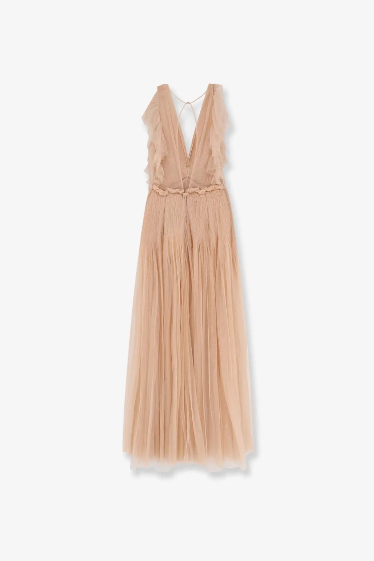 Elisabetta Franchi women’s red carpet long dress in beige flowing tulle with deep v-neckline and ruffled shoulder straps