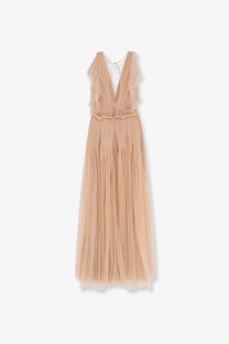 Elisabetta Franchi women’s red carpet long dress in beige flowing tulle with deep v-neckline and ruffled shoulder straps