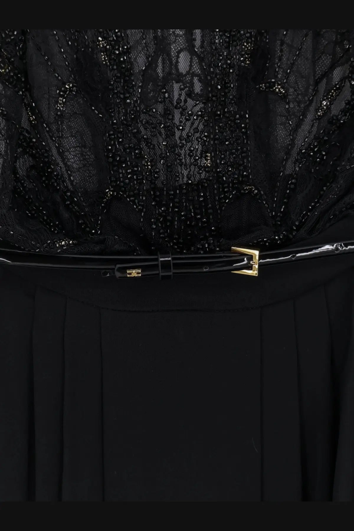 Black patent leather belt with gold-tone buckle and logo detail for elisabetta franchi women’s red carpet long dress black