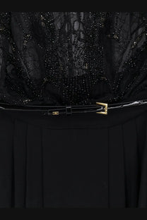 Black patent leather belt with gold-tone buckle and logo detail for elisabetta franchi women’s red carpet long dress black