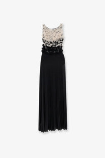 Elisabetta Franchi women’s red carpet black pleated maxi dress with beaded ombre cream to black textured bodice