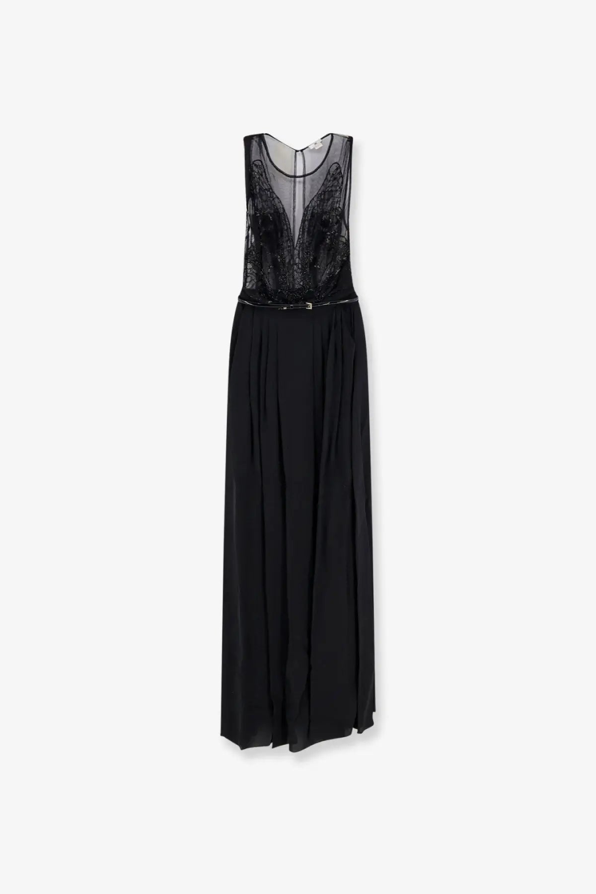 Elisabetta Franchi women’s red carpet long dress black sleeveless gown with sheer lace bodice and flowing chiffon skirt