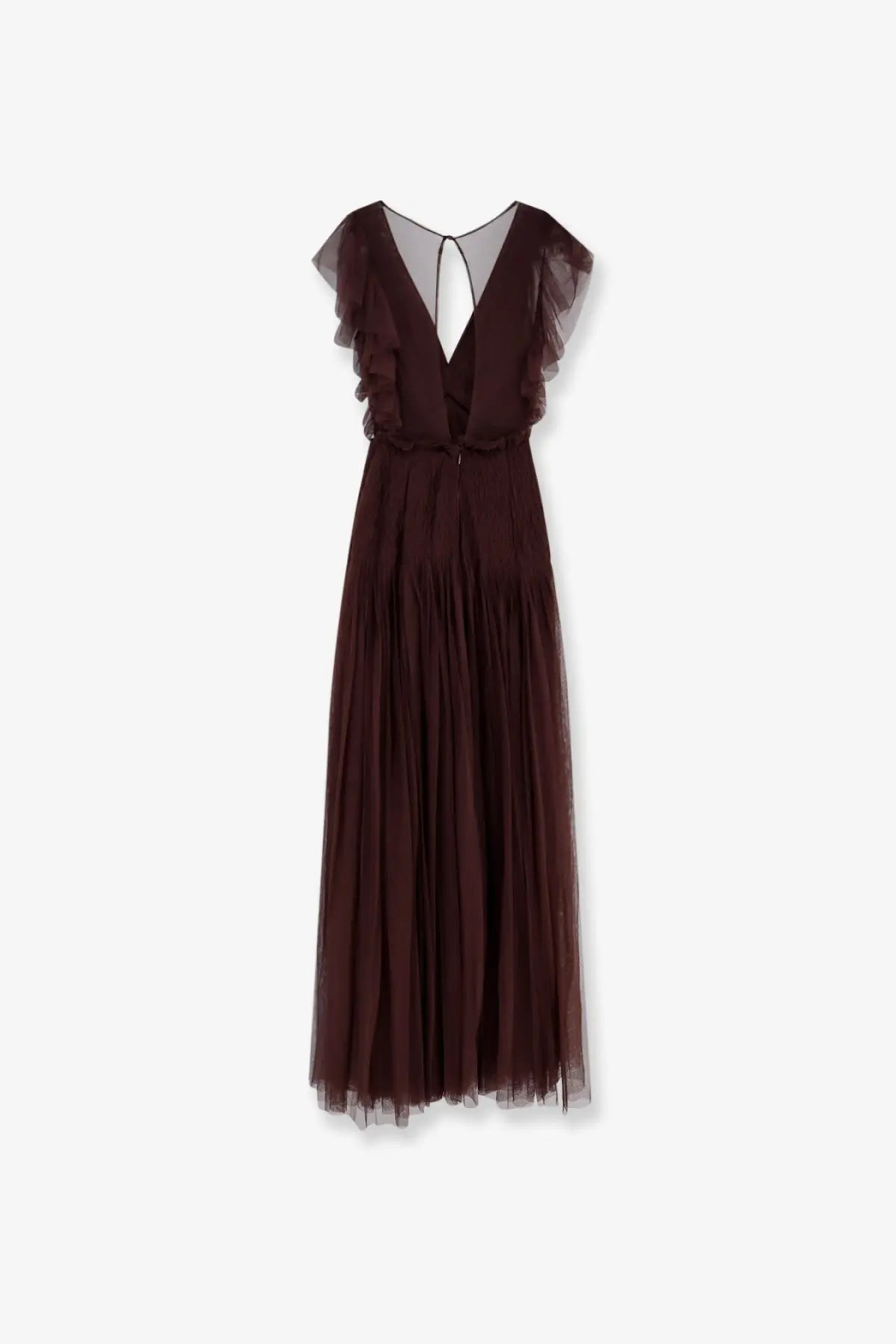 Elisabetta Franchi women’s red carpet long dress brown shown from the back with flowing burgundy tulle and ruffled cap sleeves