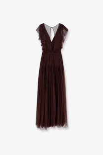Elisabetta Franchi women’s red carpet long dress brown shown from the back with flowing burgundy tulle and ruffled cap sleeves
