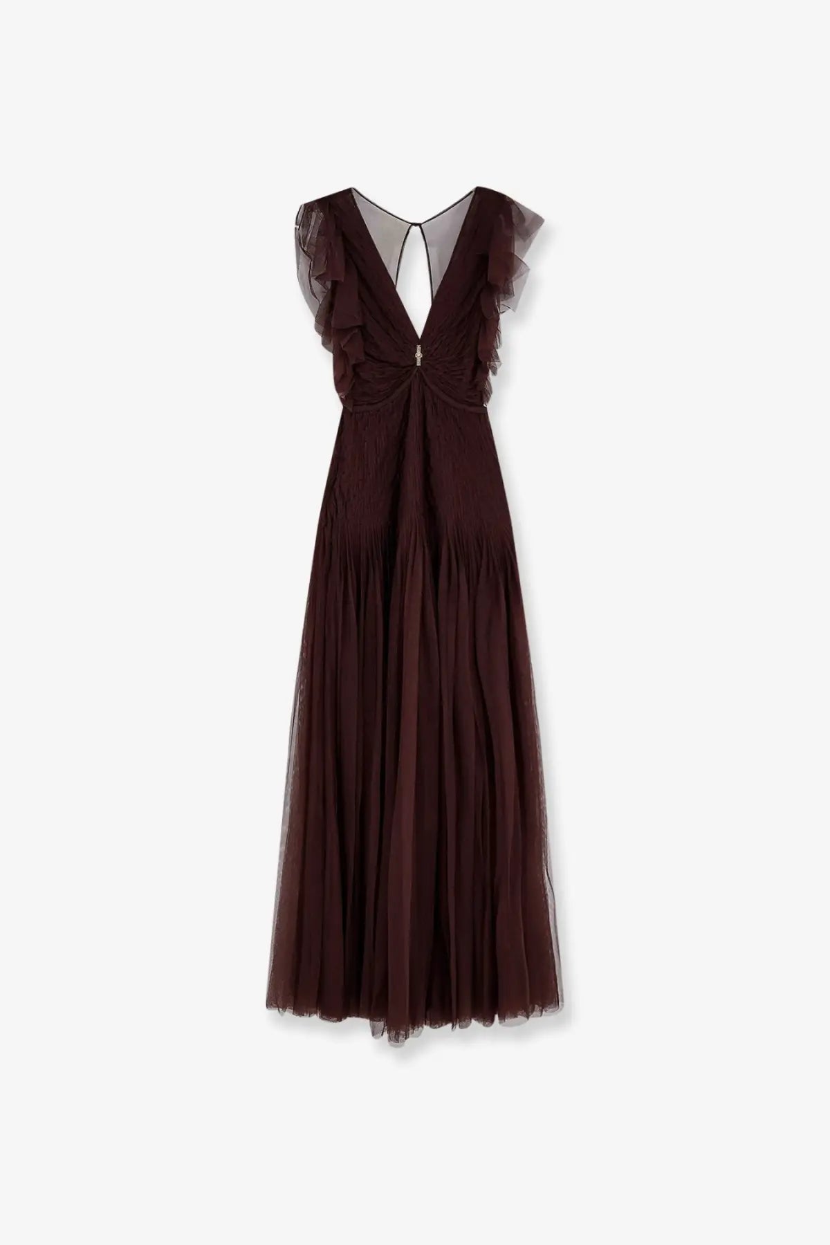 Elisabetta Franchi women’s red carpet long dress deep burgundy tulle with ruffled cap sleeves and plunging back shown from back