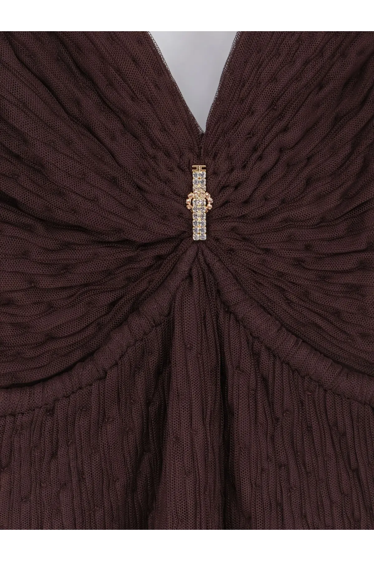 Elisabetta Franchi women’s red carpet long dress brown with a sparkling gold and crystal-encrusted brooch on dark knit