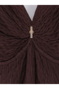 Elisabetta Franchi women’s red carpet long dress brown with a sparkling gold and crystal-encrusted brooch on dark knit
