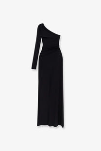 Elisabetta Franchi womens black one-shoulder floor-length long sleeve red carpet stretch viscose dress with draped waist