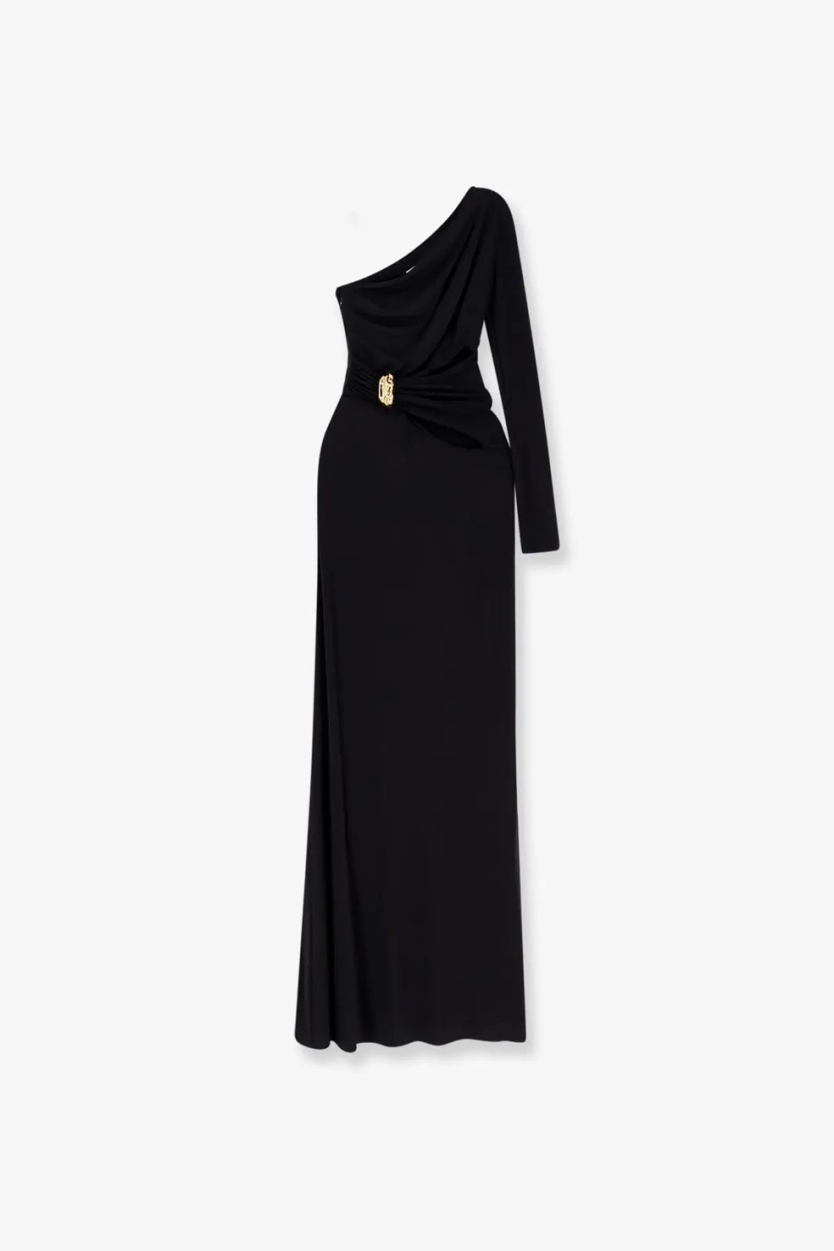 Elisabetta Franchi women’s black one-shoulder floor-length stretch viscose dress with gold-toned belt buckle