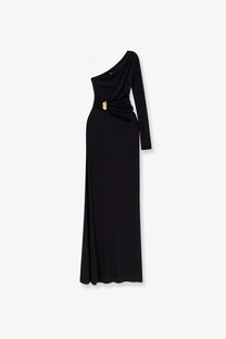 Elisabetta Franchi women’s black one-shoulder floor-length stretch viscose dress with gold-toned belt buckle