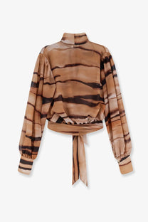 Elisabetta Franchi women’s beige shirt with brown and black tiger stripes, high collar, long sleeves, and tied waistband