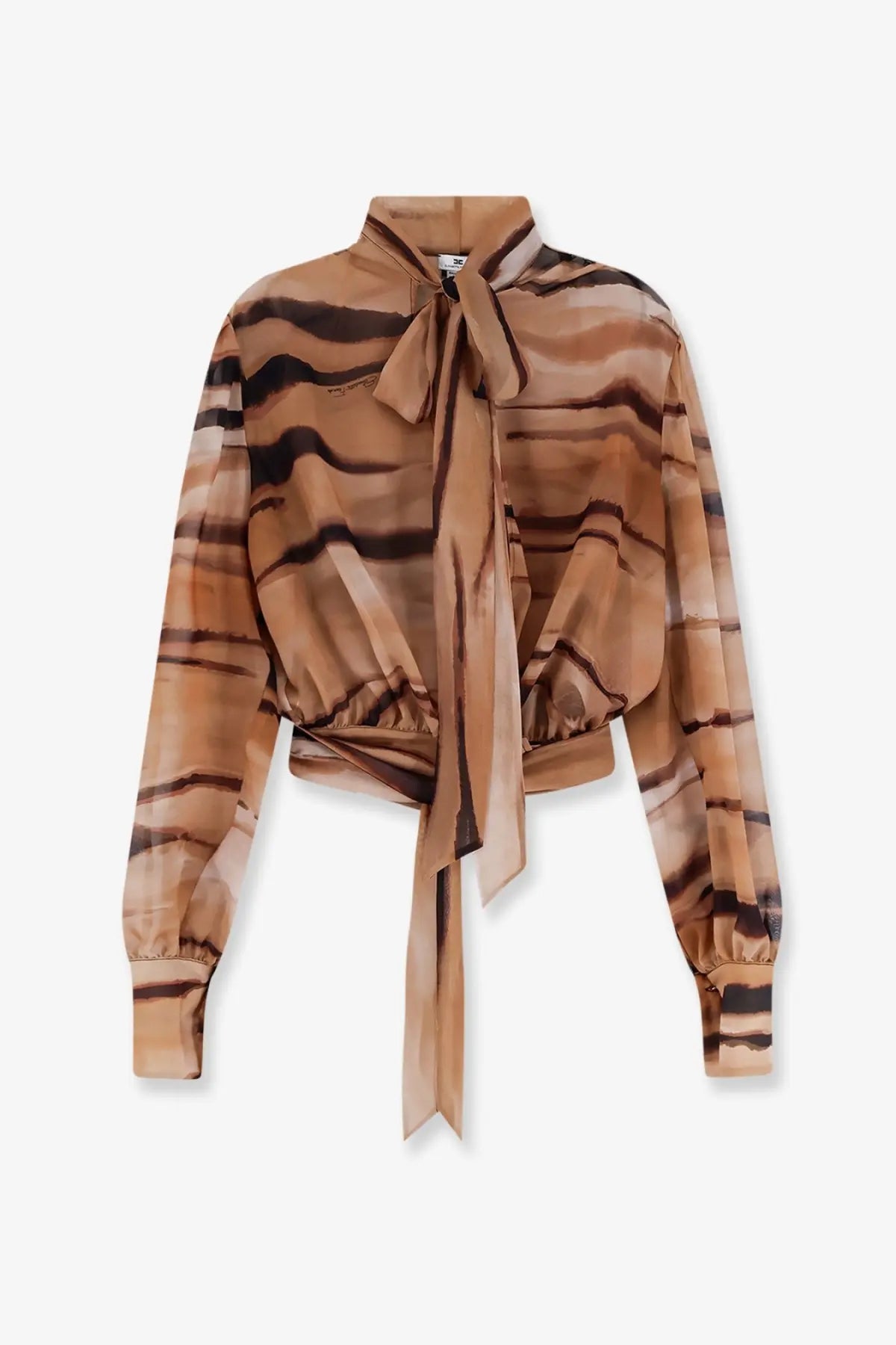 Elisabetta Franchi women’s beige blouse with long sleeves sheer fabric earthy brown and black wavy stripes tied necktie detail
