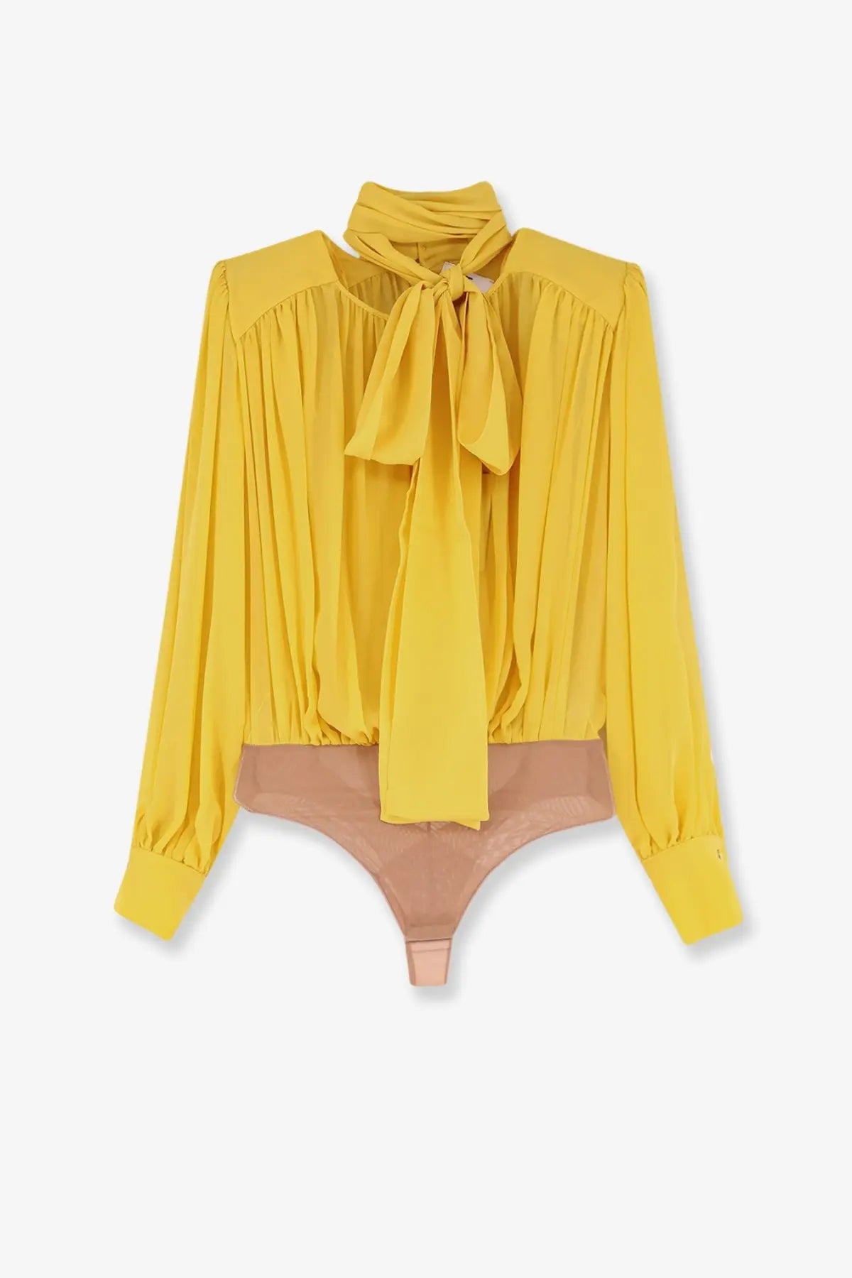 Elisabetta Franchi women’s yellow silk shirt with long sleeves tied necktie and sheer pleated fabric details