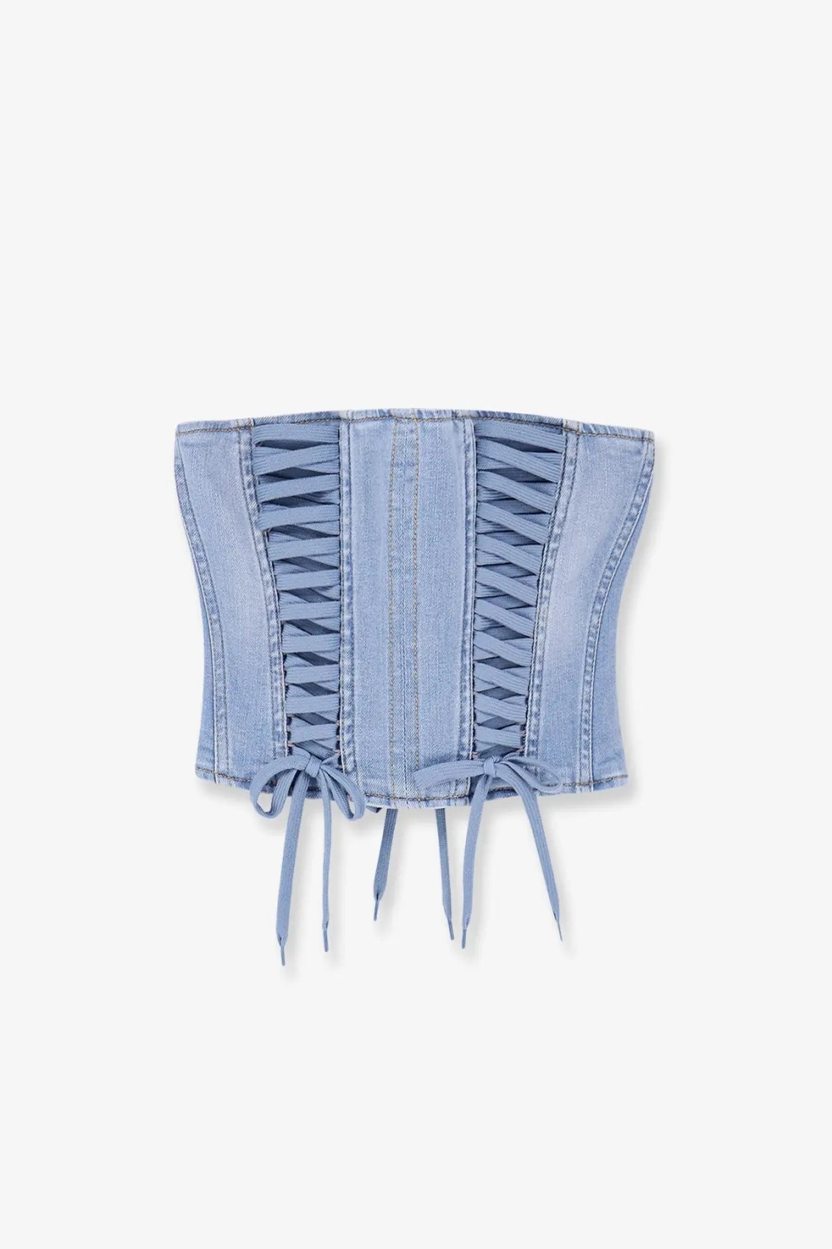 Elisabetta Franchi women’s urban denim bustier in light-wash with lace-up front and matching tie strings