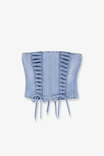 Elisabetta Franchi women’s urban denim bustier in light-wash with lace-up front and matching tie strings
