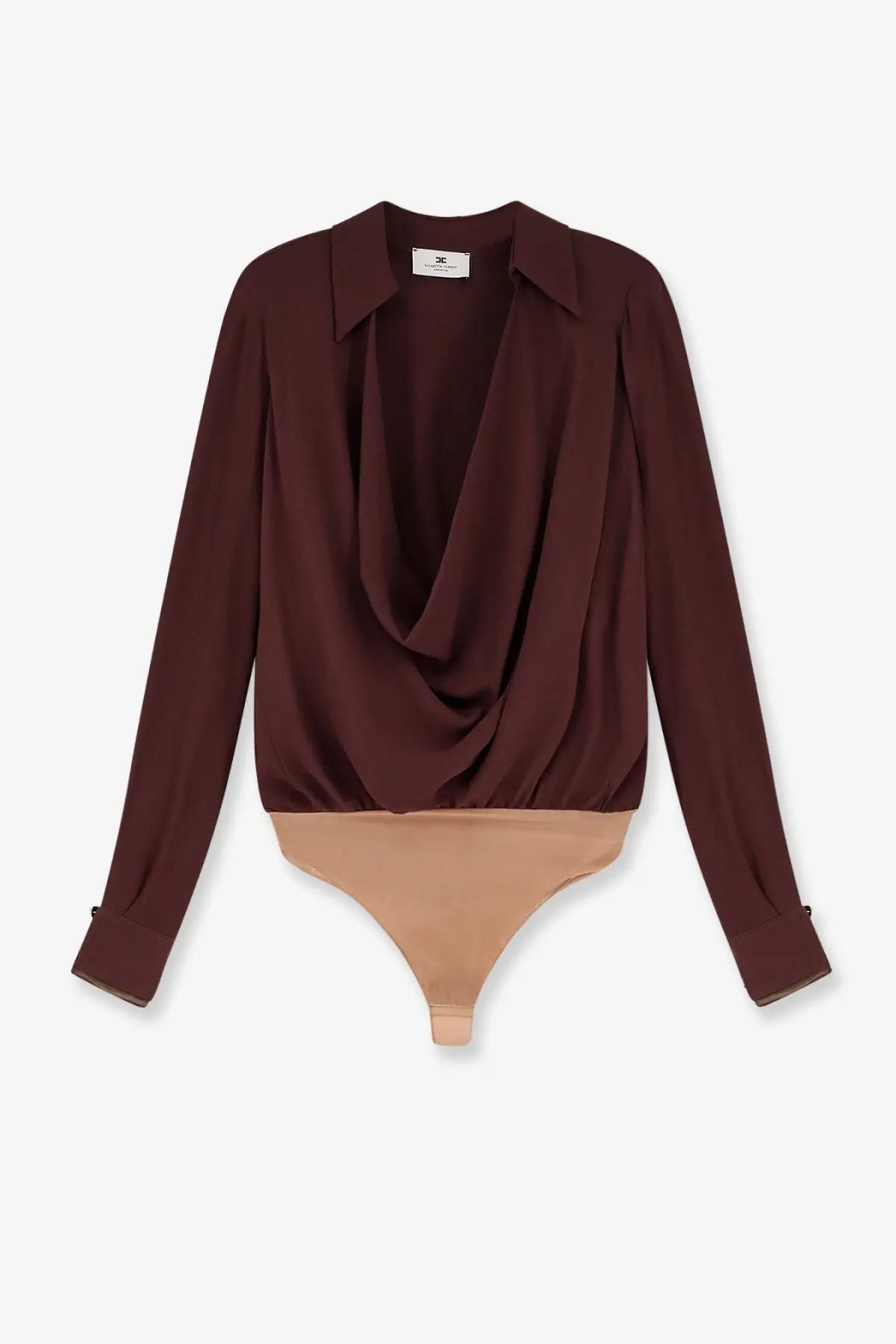 Elisabetta Franchi women’s viscose brown bodysuit with long sleeves draped collar and contrasting beige lower panel