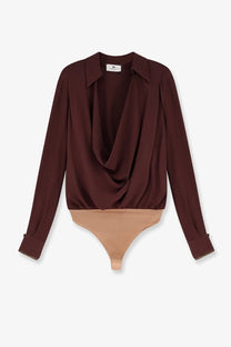 Elisabetta Franchi women’s viscose brown bodysuit with long sleeves draped collar and contrasting beige lower panel