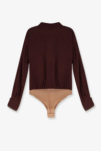 Elisabetta Franchi women’s viscose body shirt brown two-toned long-sleeved bodysuit in burgundy and beige