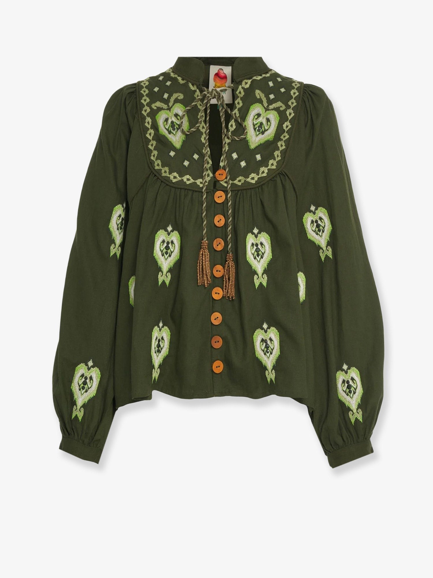 Farm Rio Women's Embroidered Puff Sleeve Lenzing Ecovero Euroflax Shirt Green Farm Rio