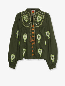 Farm Rio Women's Embroidered Puff Sleeve Lenzing Ecovero Euroflax Shirt Green Farm Rio