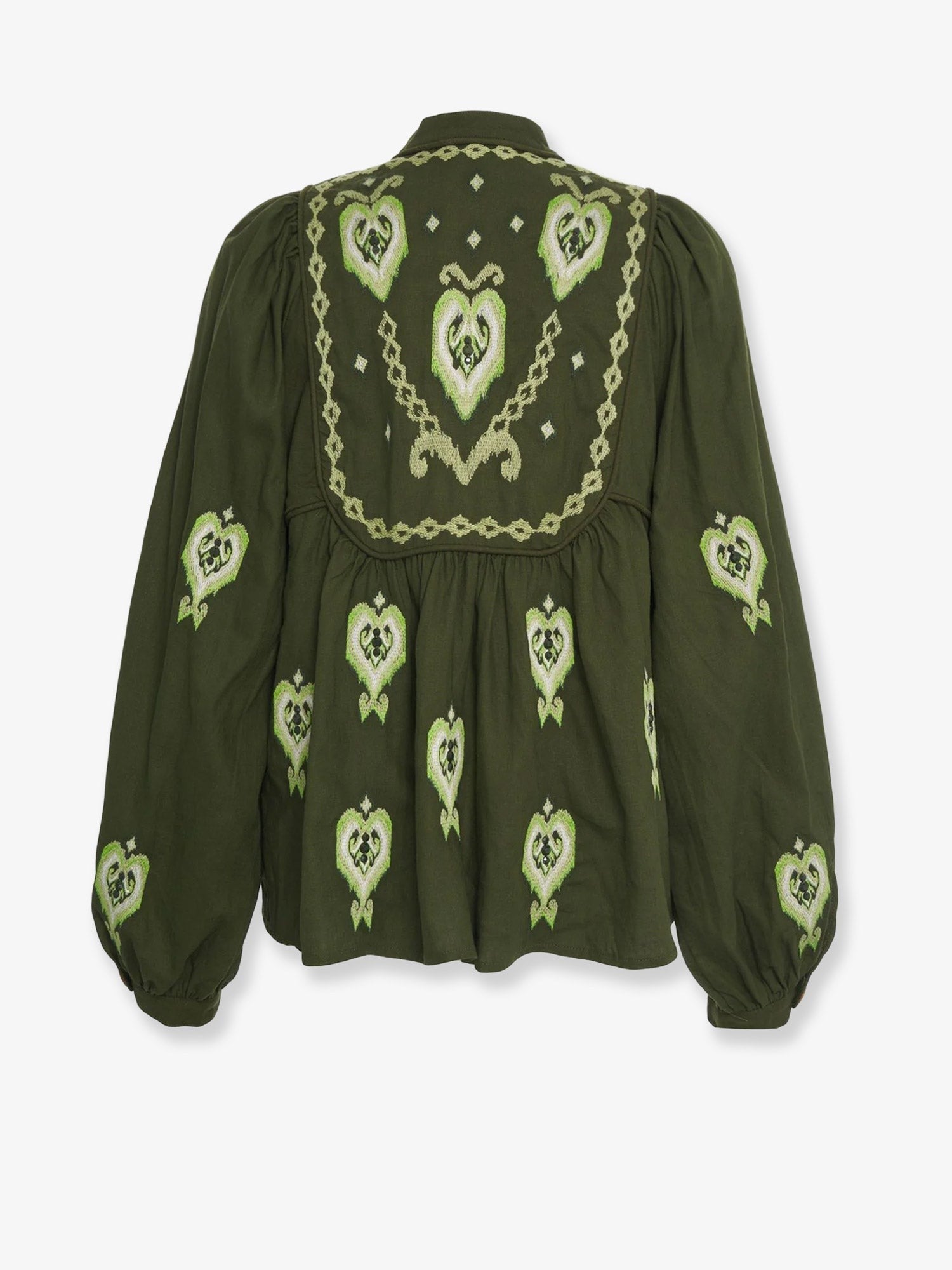 Farm Rio Women's Embroidered Puff Sleeve Lenzing Ecovero Euroflax Shirt Green Farm Rio