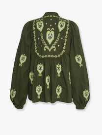 Farm Rio Women's Embroidered Puff Sleeve Lenzing Ecovero Euroflax Shirt Green Farm Rio