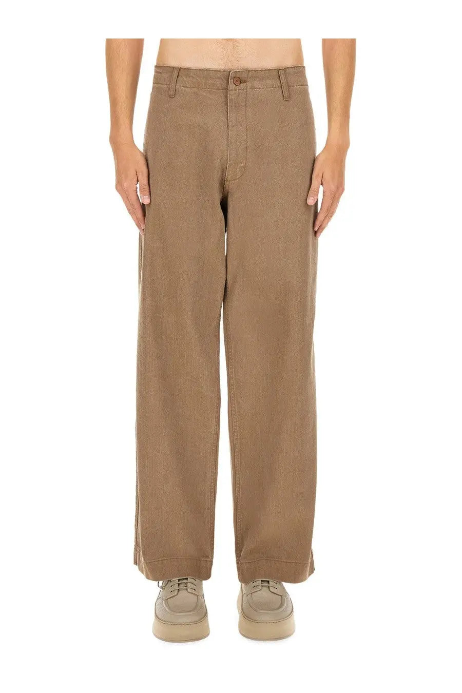 Emporio Armani men’s tan wide-leg chino pants with relaxed fit and classic five-pocket design in brown denim