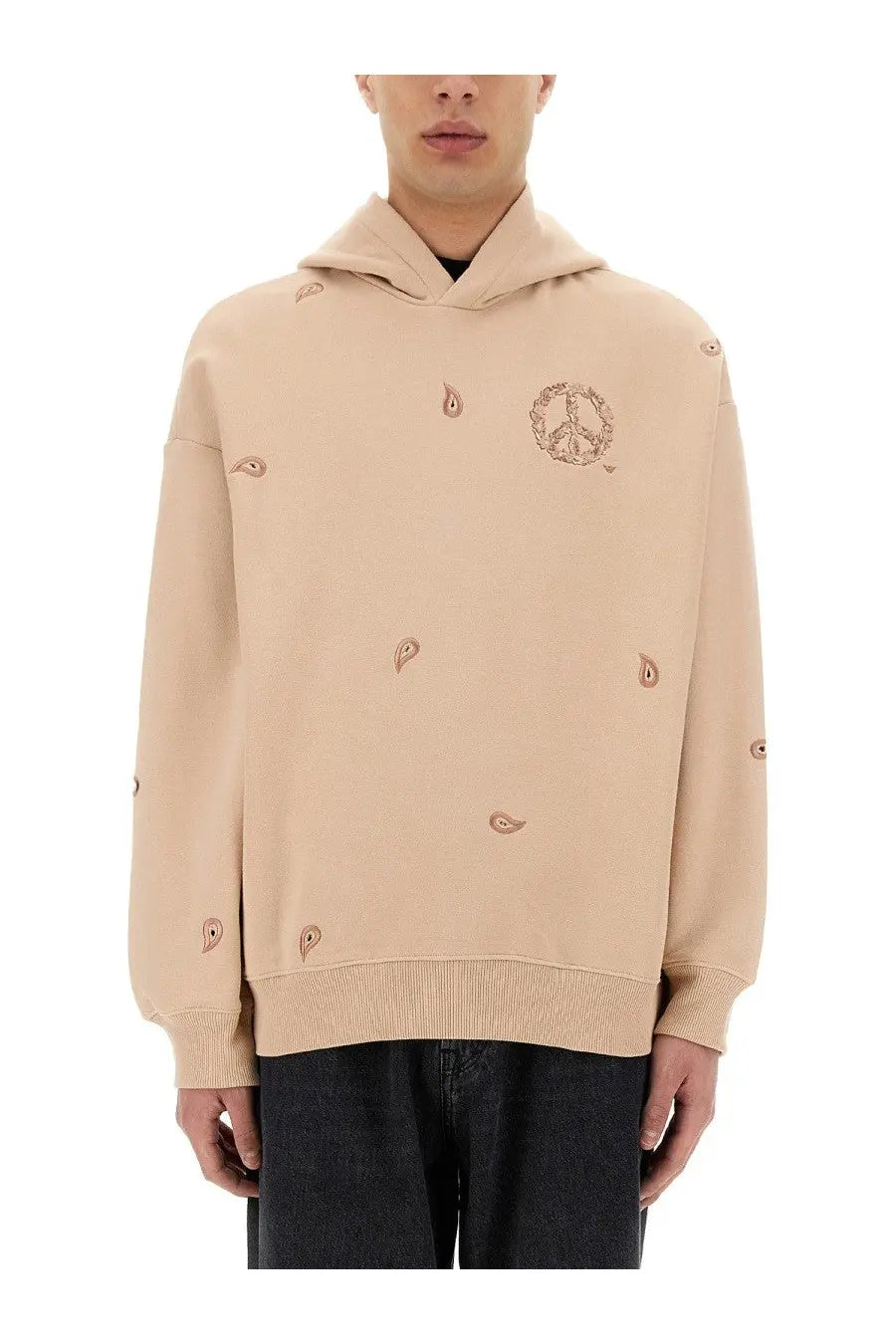 Beige Emporio Armani men’s hooded sweatshirt with embroidered paisley and peace sign motifs in soft fabric