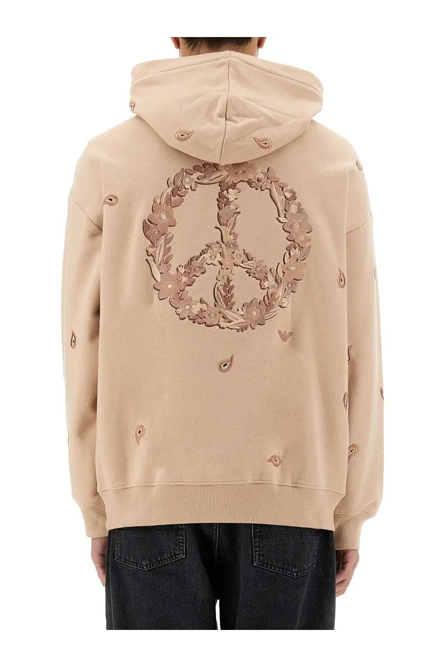 Beige Emporio Armani men’s hoodie with detailed embroidered peace sign floral wreath and paisley motifs on fabric