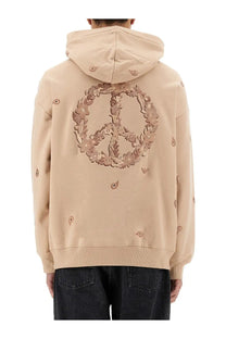 Beige Emporio Armani men’s hoodie with detailed embroidered peace sign floral wreath and paisley motifs on fabric