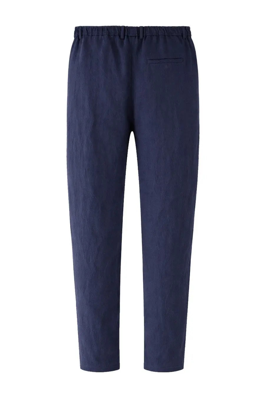 Empirio armani men’s pantalone in lino blue showing navy blue linen trousers with elastic waistband and single back pocket from back side
