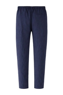 Empirio armani men’s pantalone in lino blue showing navy blue linen trousers with elastic waistband and single back pocket from back side