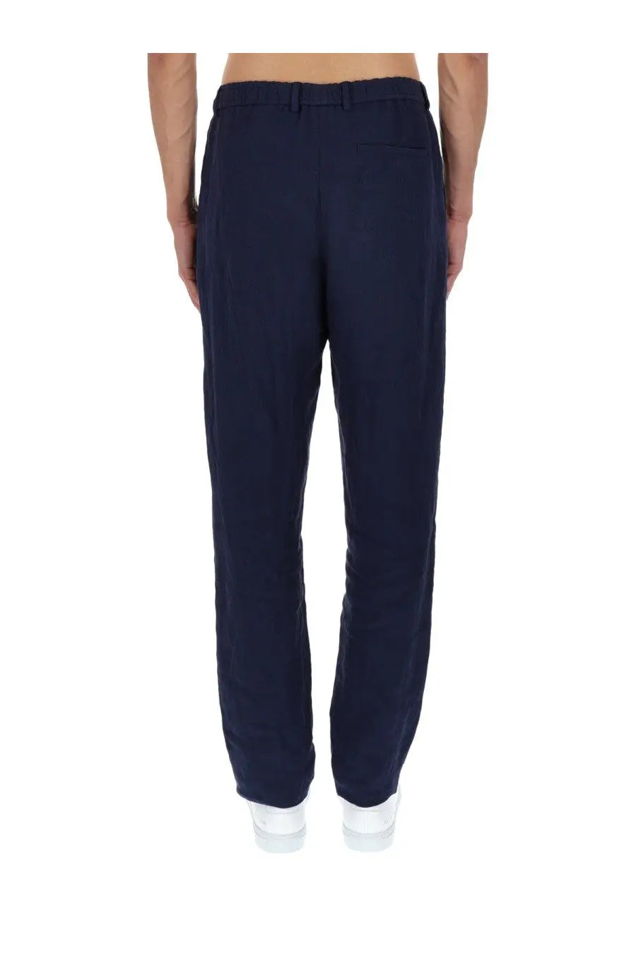Emporio Armani men’s navy blue linen tailored trousers with straight-leg cut and belt loop waistband