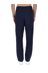 Emporio Armani men’s navy blue linen tailored trousers with straight-leg cut and belt loop waistband