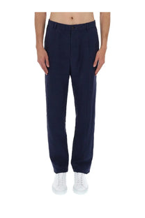 Emporio Armani men’s pantalone in lino blue navy tailored trousers with a straight-leg cut and subtle front pleats