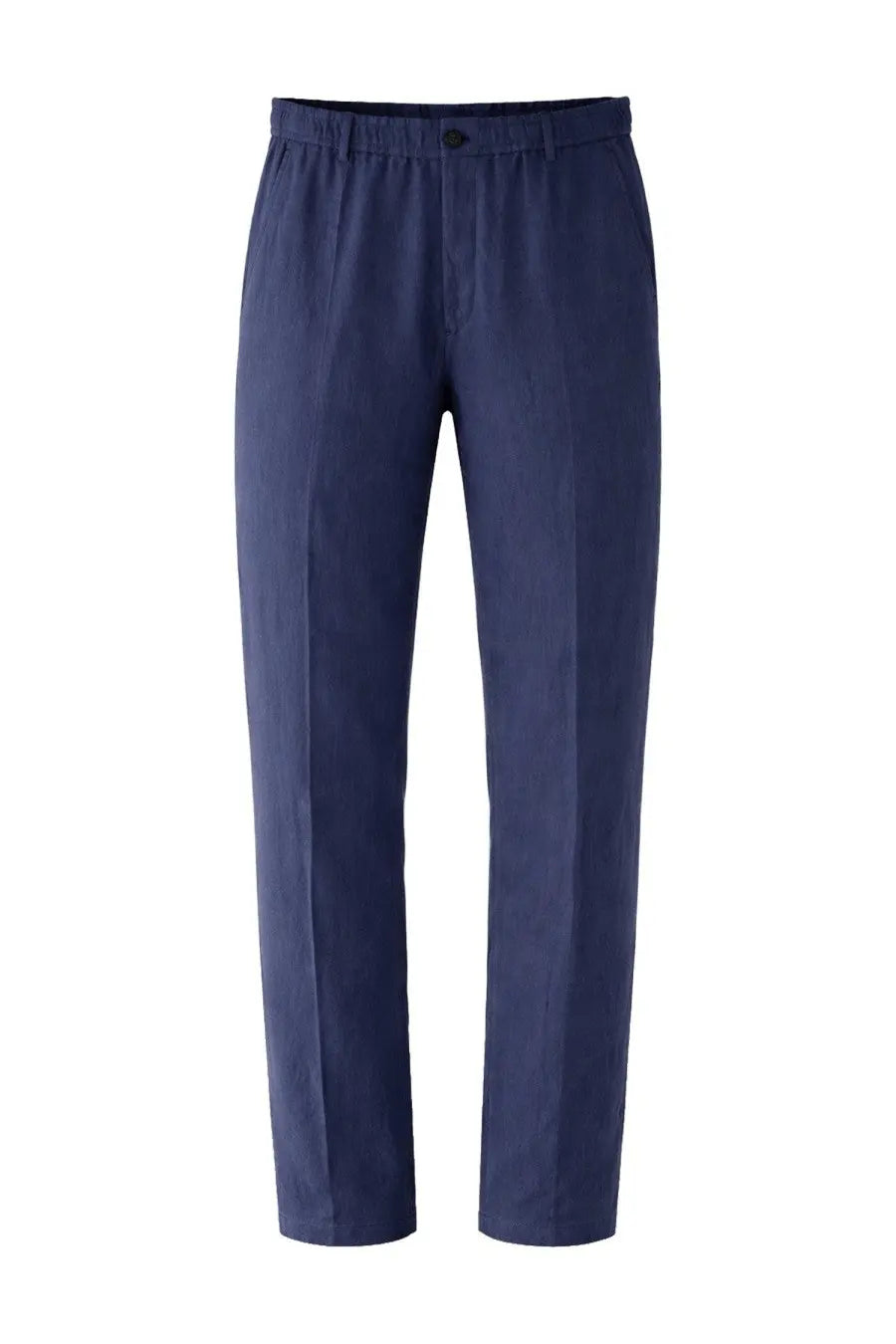 Navy blue tailored trousers with sleek straight-leg cut and subtle front pleats in Emporio Armani linen fabric
