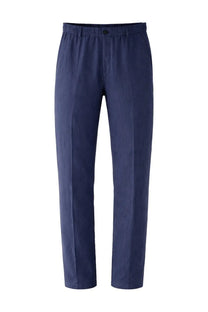 Navy blue tailored trousers with sleek straight-leg cut and subtle front pleats in Emporio Armani linen fabric