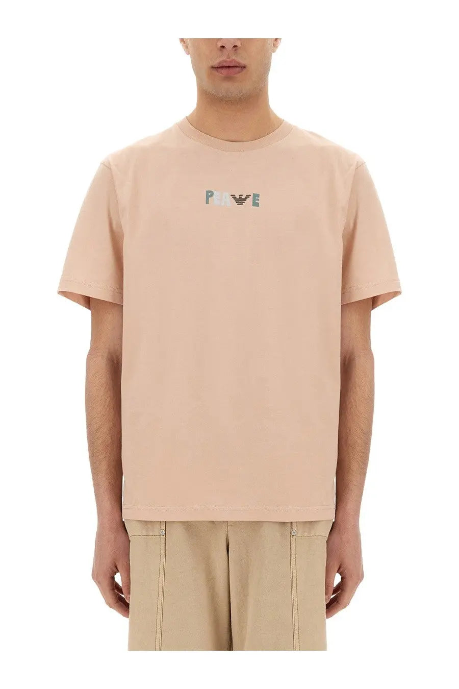 Soft peach cotton t-shirt with subtle multicolored pove embroidery across the chest in Emporio Armani men’s shirt blue style