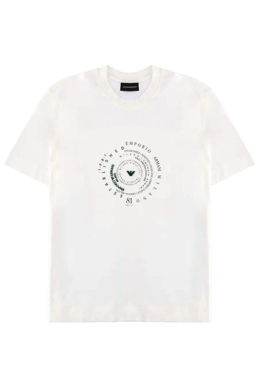 Emporio Armani men’s white t shirt with circular black graphic design featuring text and logos on the front