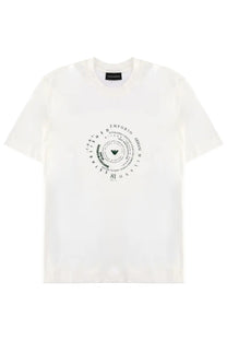Emporio Armani men’s white t shirt with circular black graphic design featuring text and logos on the front