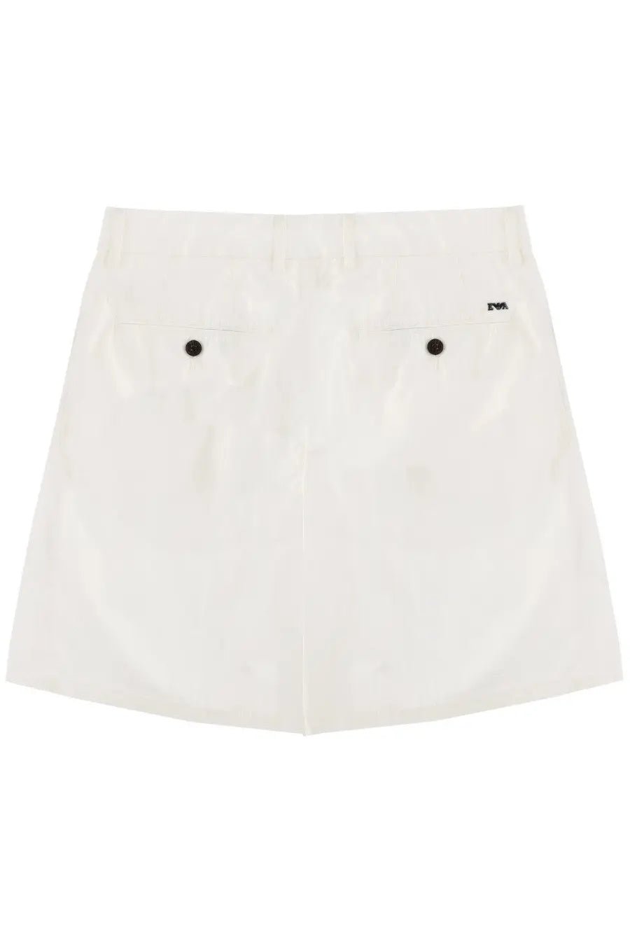 Emporio Armani men’s white cotton shorts with black button closures and a brand logo on the right hip