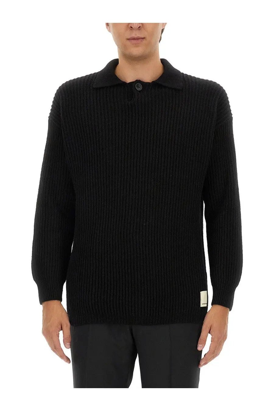 Emporio Armani men’s black wool jersey ribbed knit polo sweater with single button closure and white label detailing