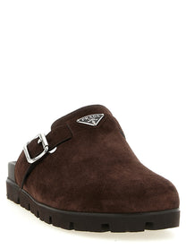 PRADA Enameled Triangle Sabots Brown