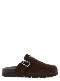 PRADA Enameled Triangle Sabots Brown