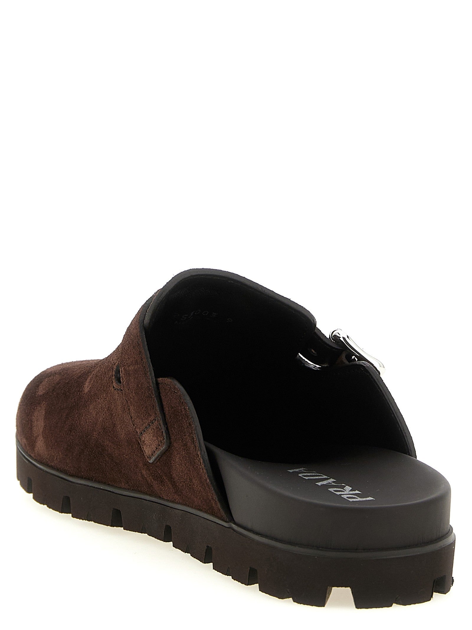 PRADA Enameled Triangle Sabots Brown