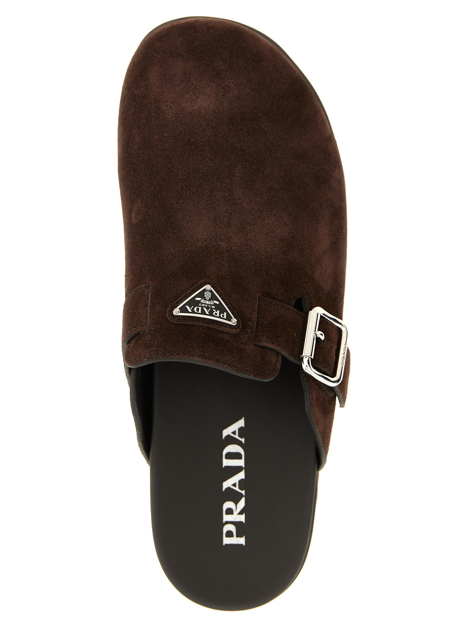 PRADA Enameled Triangle Sabots Brown