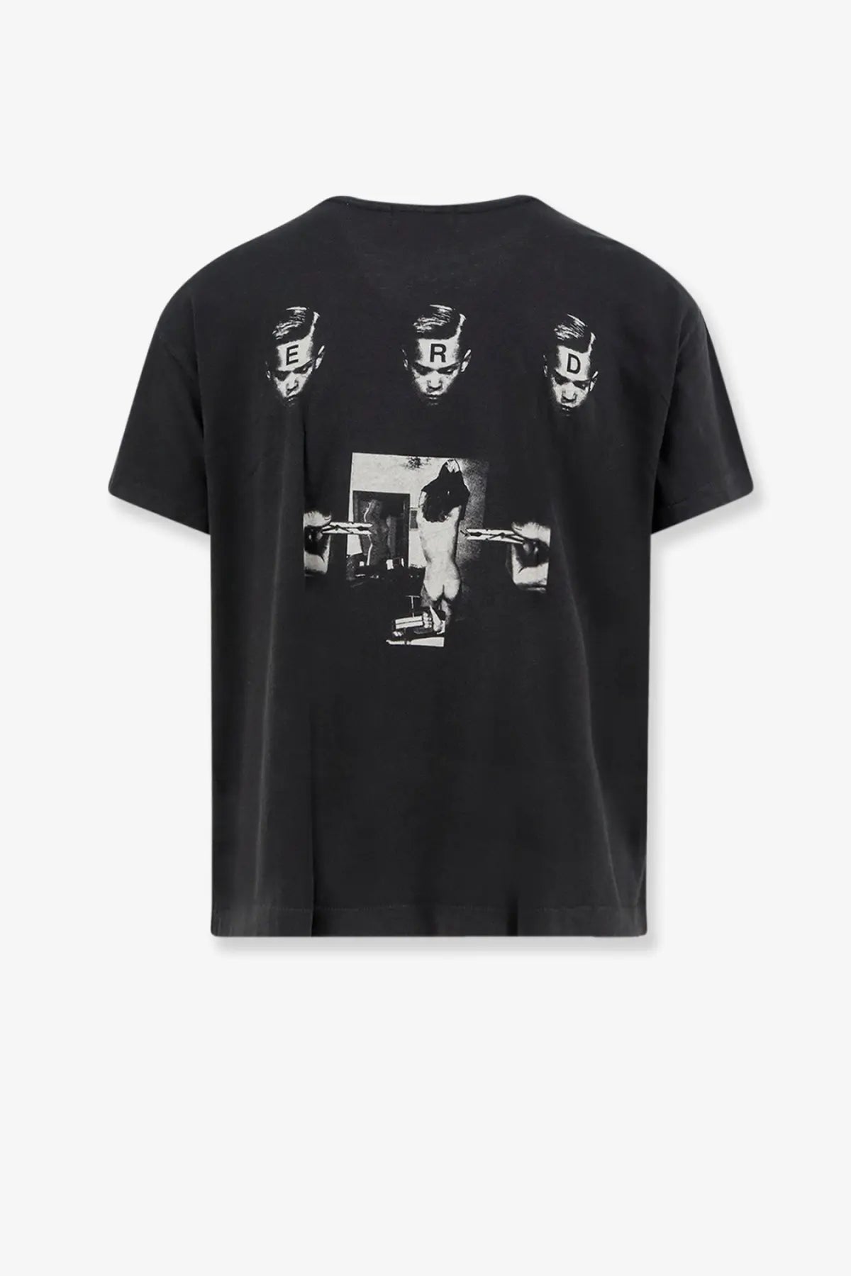 Black short-sleeved cotton t-shirt with bold black and white graphic of stylized faces erd text and hands holding guns by enfants riches déprimés