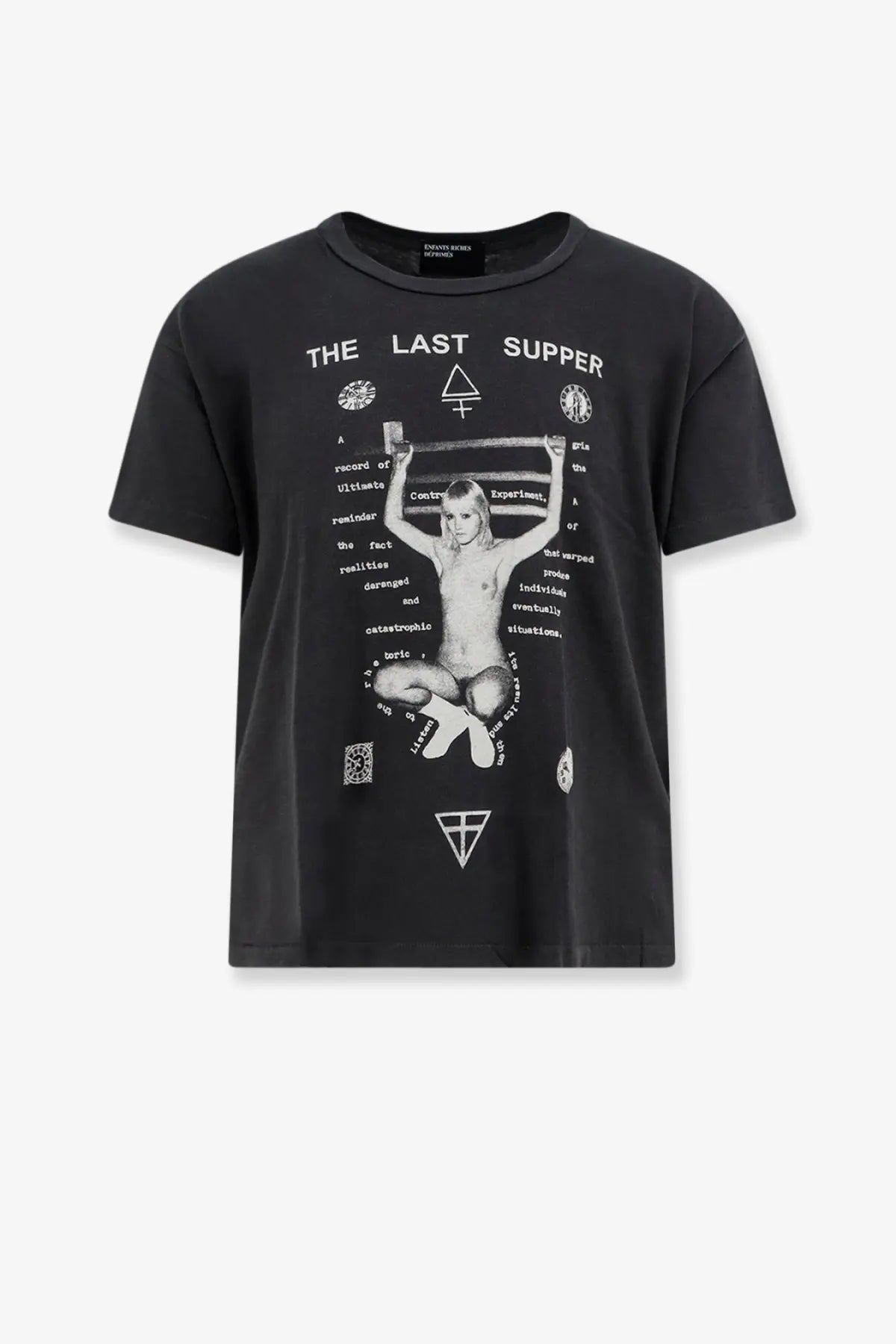 Black short-sleeved cotton t-shirt featuring a white surreal the last supper graphic print by enfants riches déprimés
