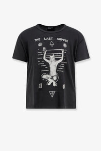 Black short-sleeved cotton t-shirt featuring a white surreal the last supper graphic print by enfants riches déprimés